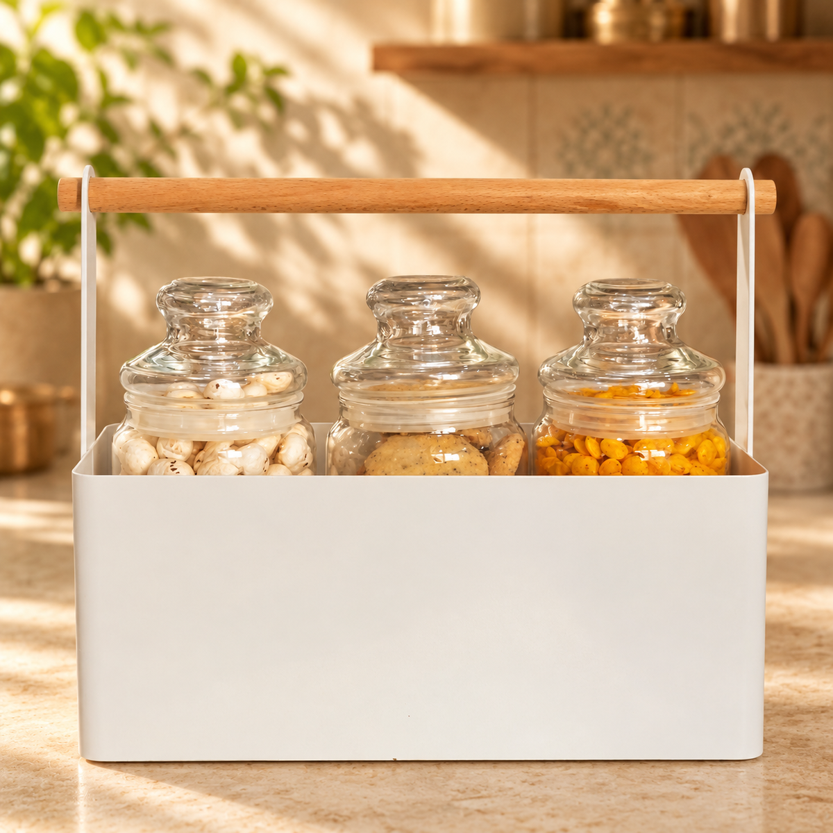 White Kitchen Organizer with Wooden Handle