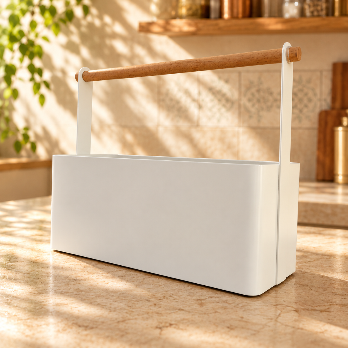 White Kitchen Organizer with Wooden Handle