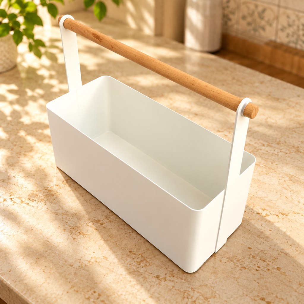 White Kitchen Organizer with Wooden Handle