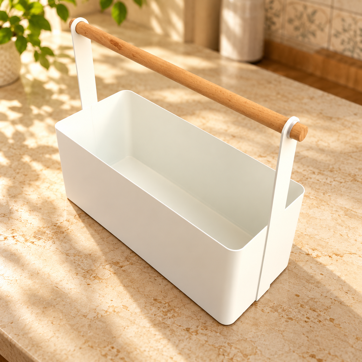 White Kitchen Organizer with Wooden Handle