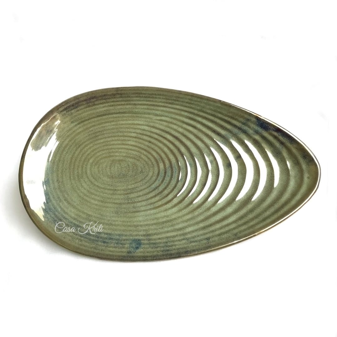 Almond-shaped Green Ceramic Serving Platter by Casa Kriti