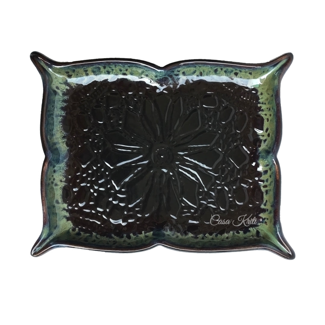Black Embossing Ceramic Serving Platter by Casa Kriti