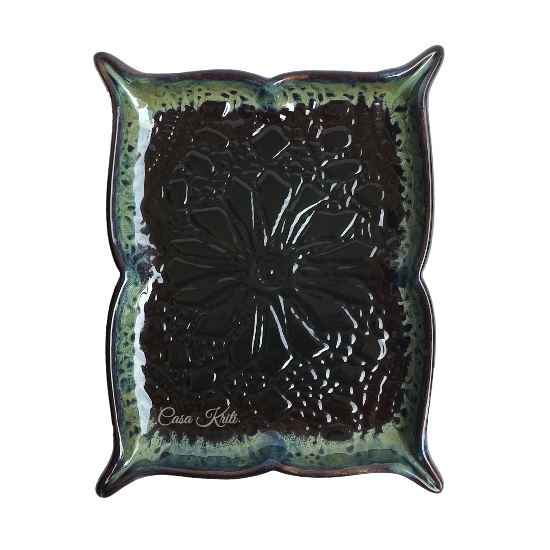 Black Embossing Ceramic Serving Platter by Casa Kriti