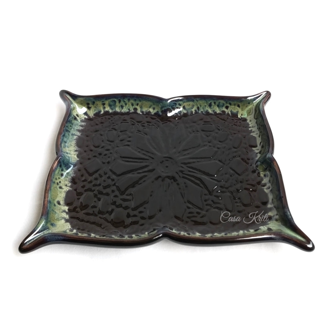 Black Embossing Ceramic Serving Platter by Casa Kriti