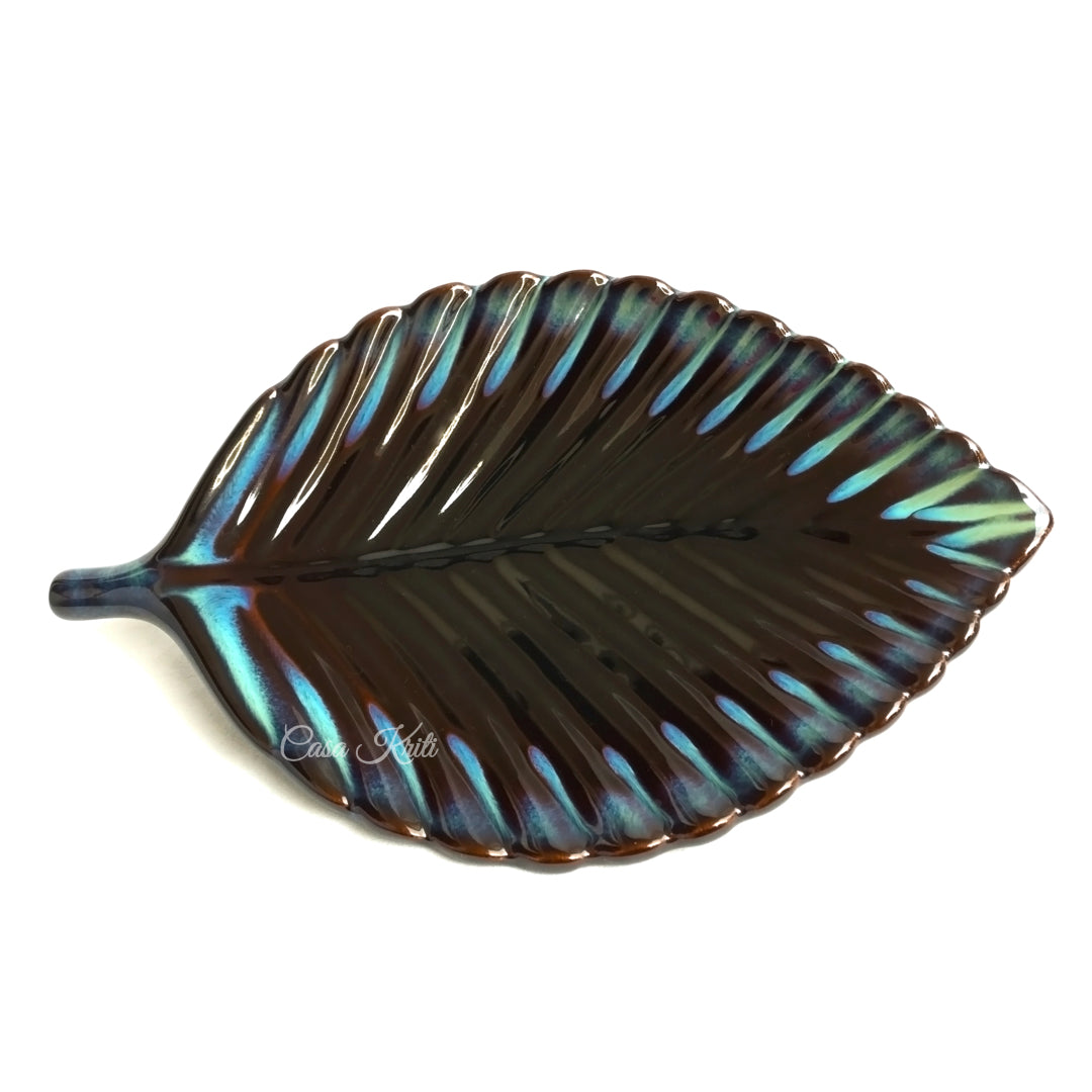 Black Leaf Shaped Ceramic Serving Platter by Casa Kriti