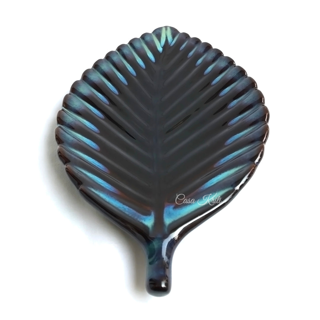 Black Leaf Shaped Ceramic Serving Platter by Casa Kriti