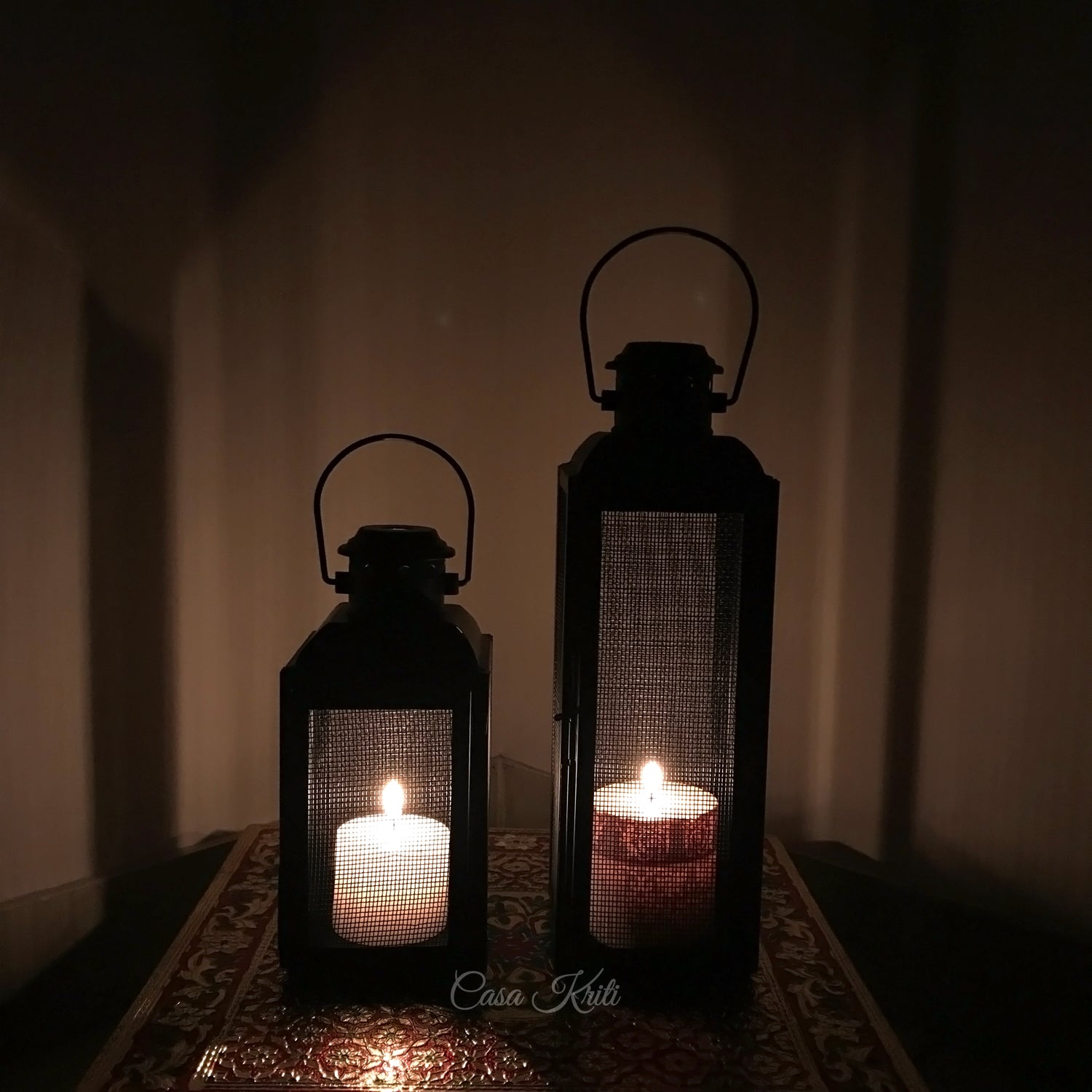 Black Mesh Pillar Candle Lantern Pair | Casa Kriti