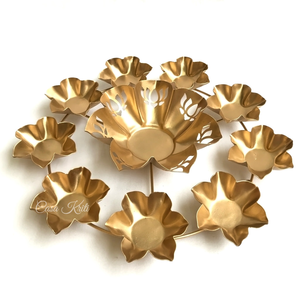 Gold Lotus Urli with 9 Tea Light Candle Holders | Casa Kriti