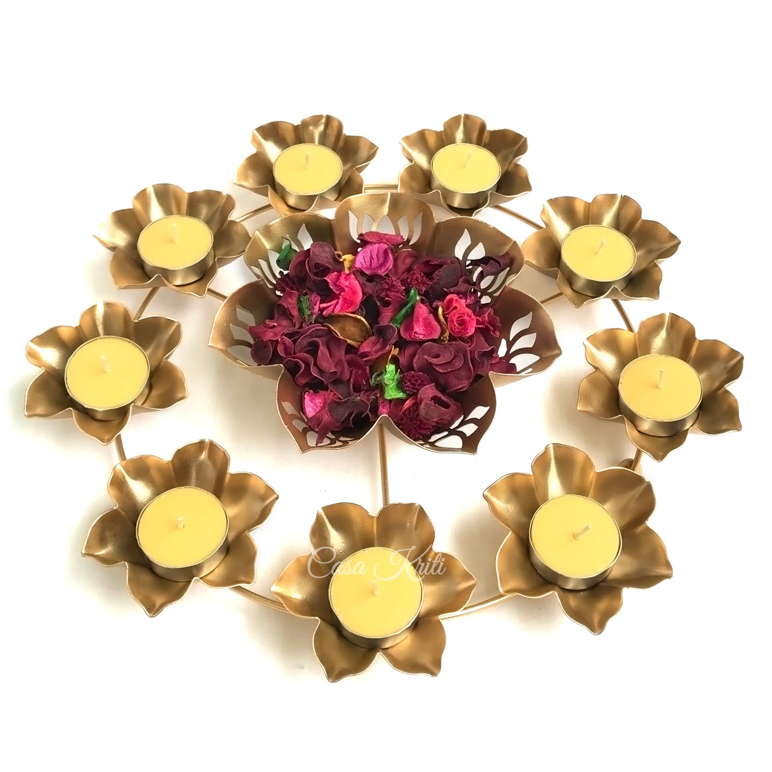 Gold Lotus Urli with 9 Tea Light Candle Holders | Casa Kriti