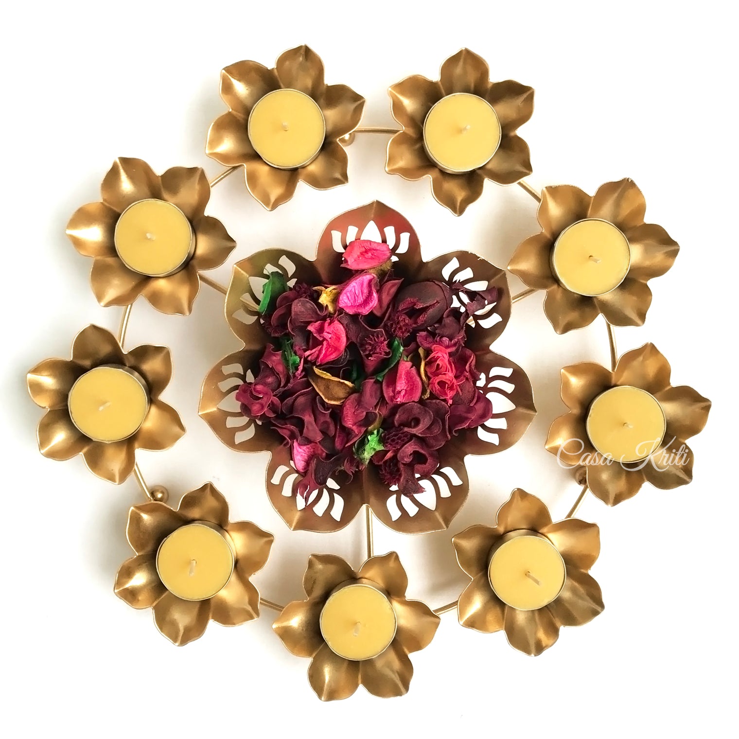 Gold Lotus Urli with 9 Tea Light Candle Holders | Casa Kriti