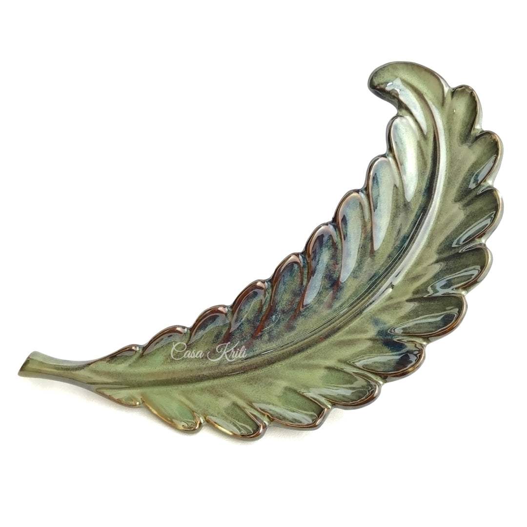 Green Curved Leaf Ceramic Serving Platter By Casa Kriti