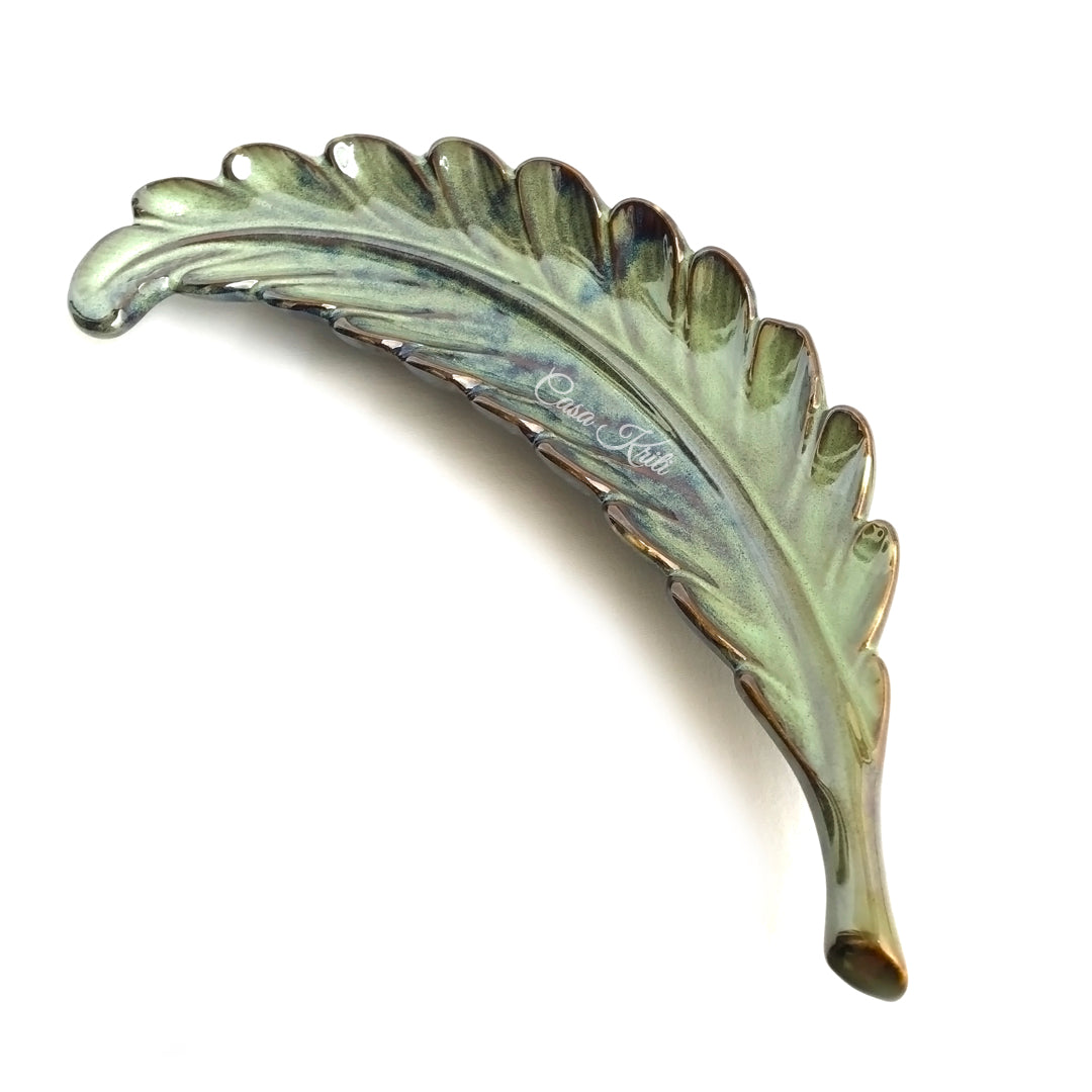 Green Curved Leaf Ceramic Serving Platter By Casa Kriti