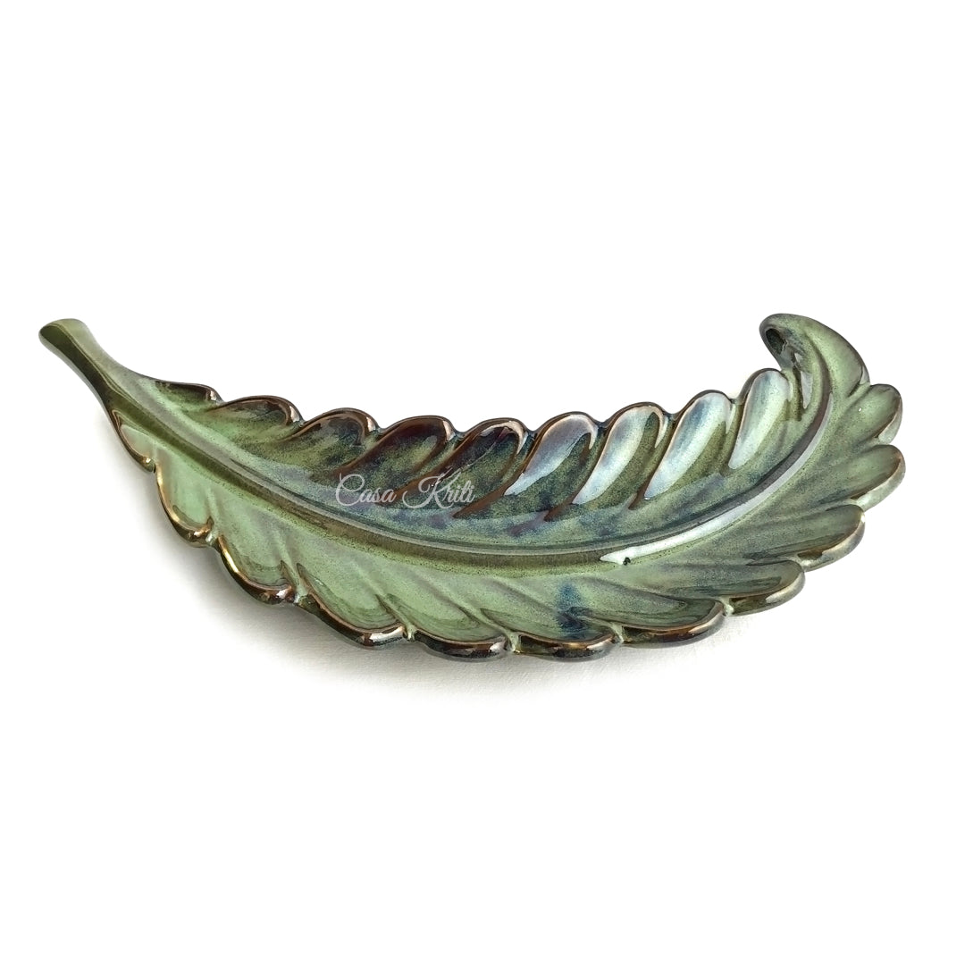Green Curved Leaf Ceramic Serving Platter By Casa Kriti