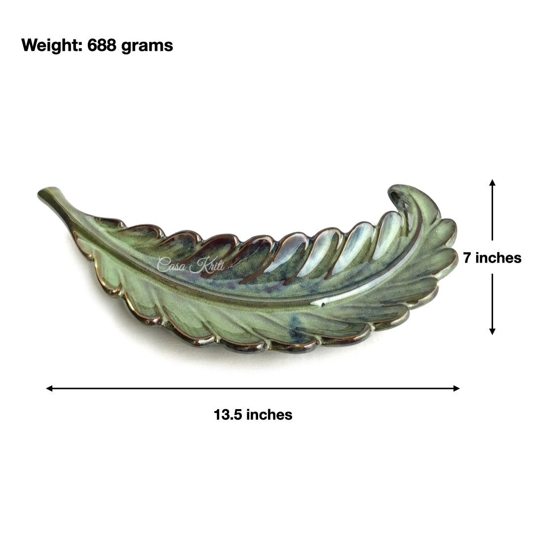 Green Curved Leaf Ceramic Serving Platter By Casa Kriti