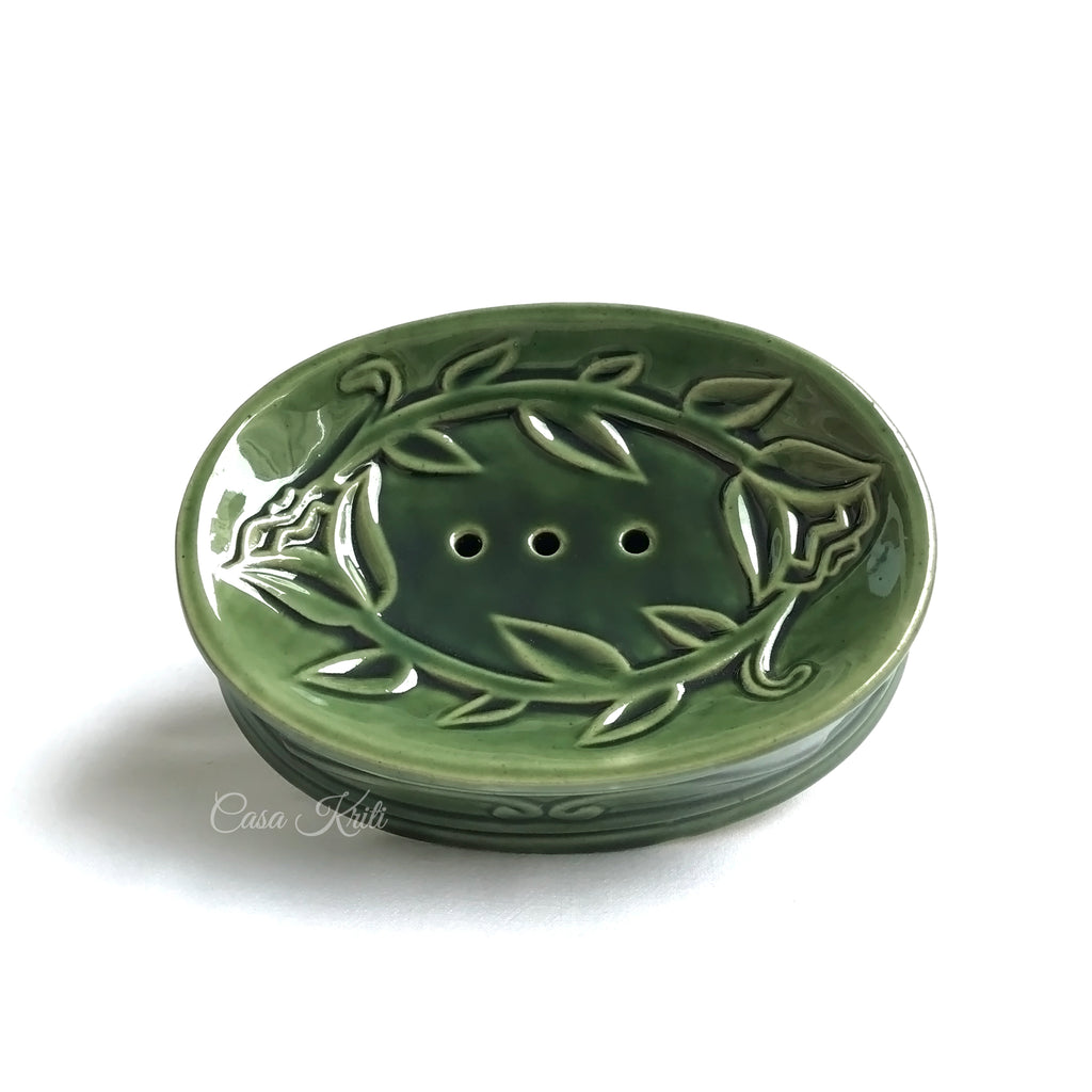 Green Floral Ceramic Bathroom Set of 3 | Casa Kriti