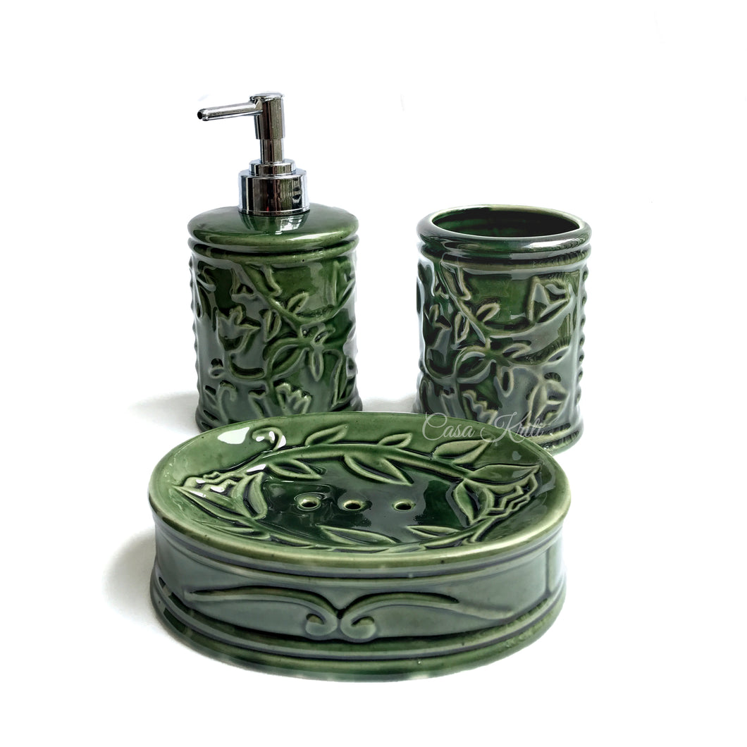 Green Floral Ceramic Bathroom Set of 3 | Casa Kriti