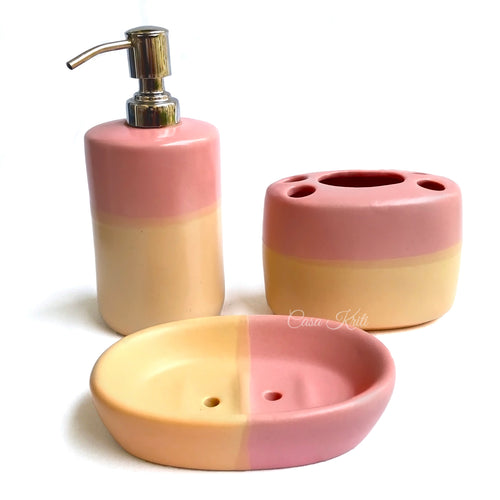 Dual-Tone Pink and Yellow Ceramic Bathroom Set of 3 | Casa Kriti