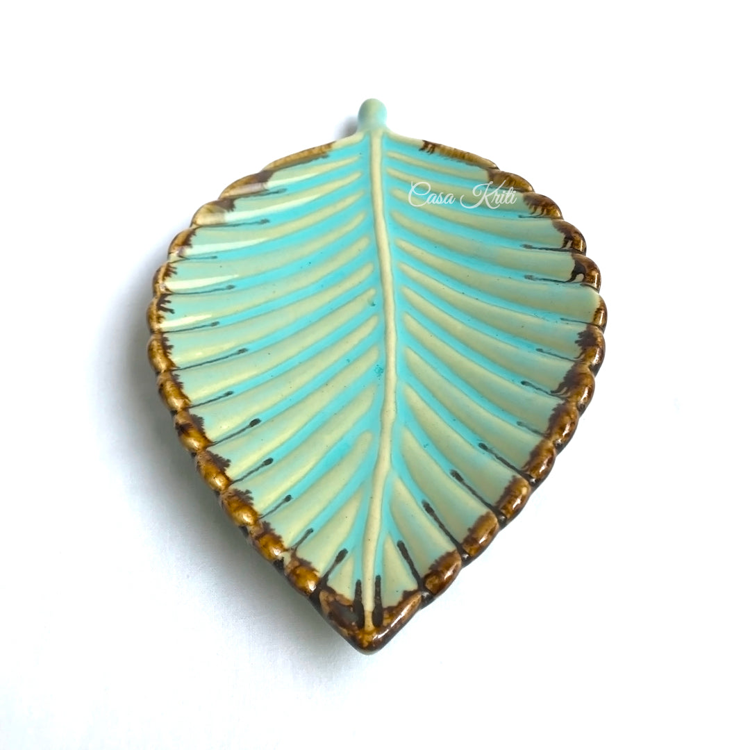 Turquoise Leaf Ceramic Serving Platter by Casa Kriti