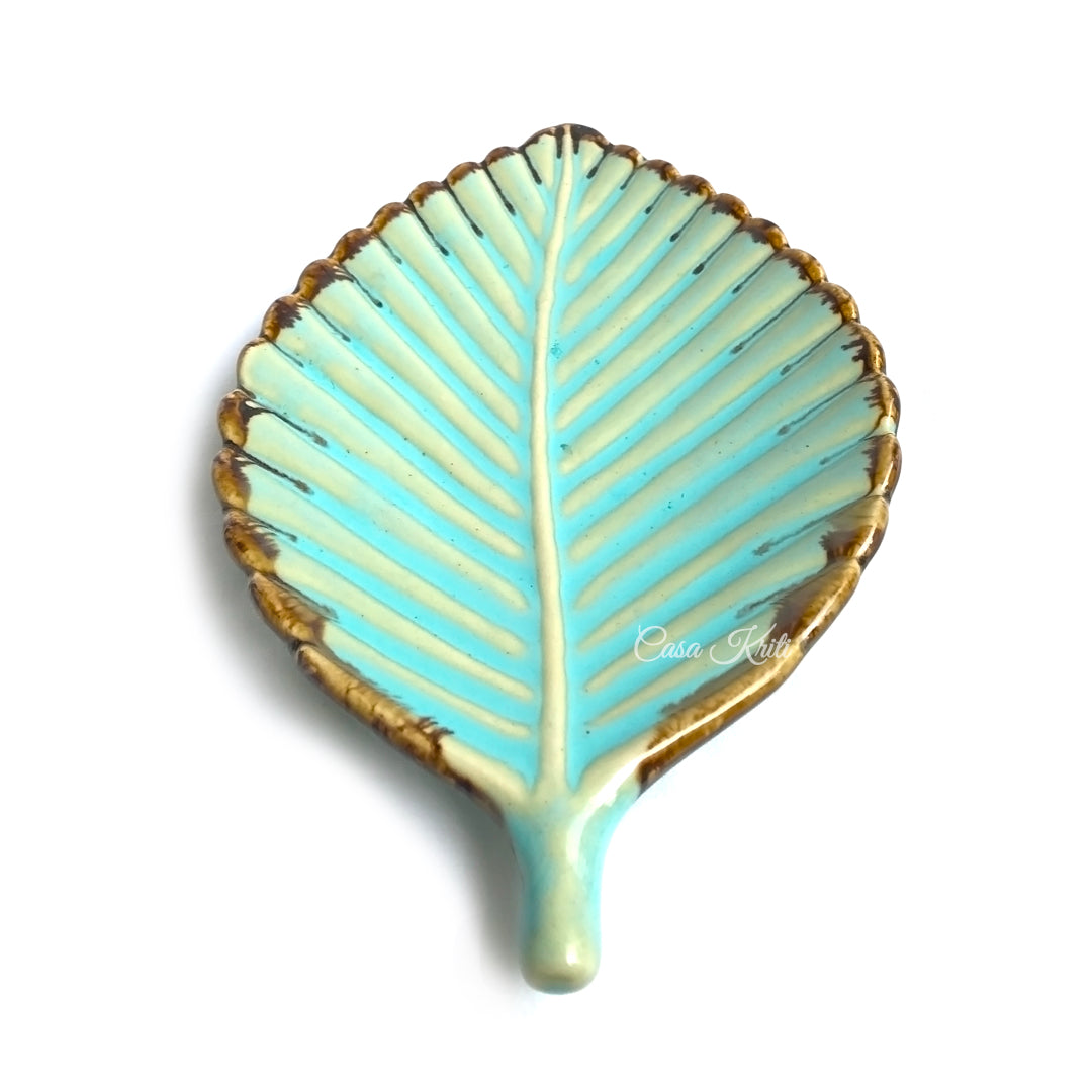 Turquoise Leaf Ceramic Serving Platter by Casa Kriti