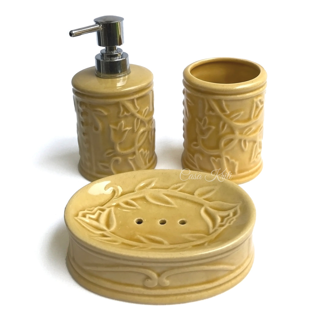 Yellow Floral Ceramic Bathroom Set of 3 | Casa Kriti